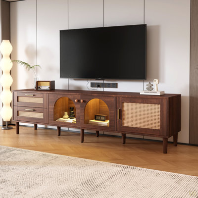 Rattan TV Stand With 3 Cabinets & 2 Drawers, Rattan-Inspired Media Console Table For Tvs Up To 80