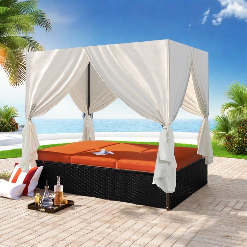 Lit de jour d'extérieur en osier avec coussins et sièges réglables pour patio, Orange/beige