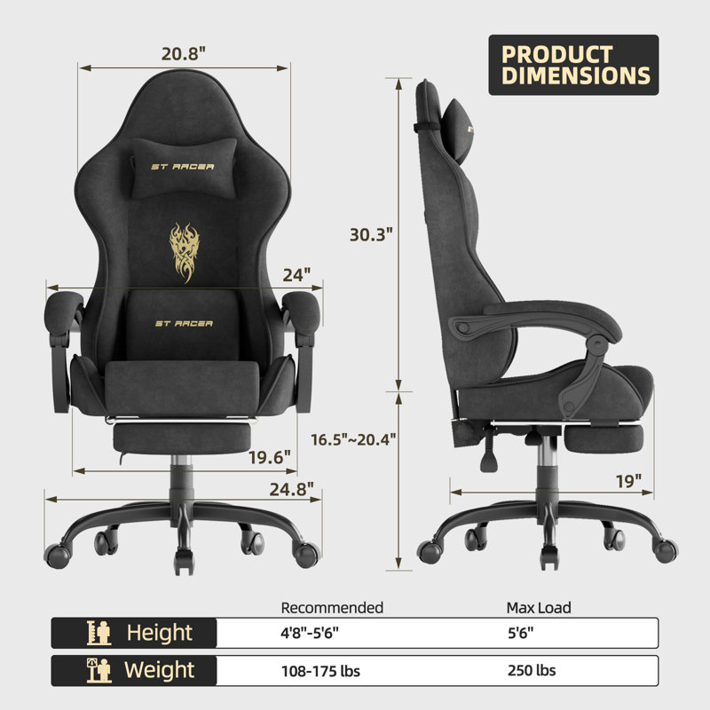 Soontrans Velvet Fabric Gaming Chair with Footrest High Back Ergonomic Gamer Chair with Headrest and Massage Lumbar Cushion Racing Reclining Video Game Chair for Adults, Black