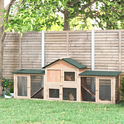 Maison de lapin pour l'extérieur de L 83 po - Spacieuse et pratique. Pistes doubles, toit, plateau amovible. Cage en cochon d'Inde jaune. L 81,18 po x l 18 po x H 32,77 po. Assemblage requis. , En bois
