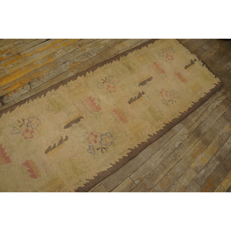 Vintage Mid Century Ivory Minimalist American Folk Art Hooked Narrow Hallway Runner Rug