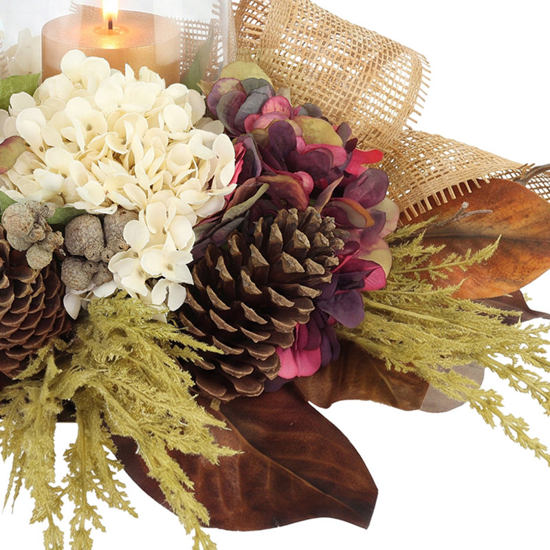 Fall Candleholder Centerpiece with Hydrangeas, Astilbe, and Pinecones, Cream/Brown/Burgundy