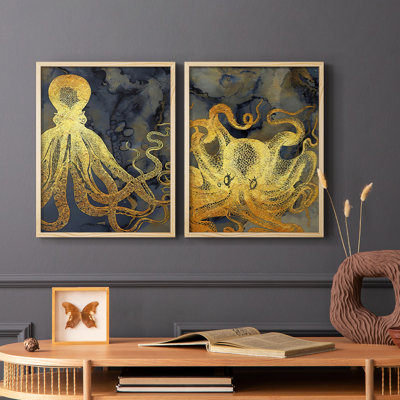 Encre pieuvre dorée et bleue, impression encadrée I-Premium - prête à être accrochée - aucun clou requis - aucun clou requis