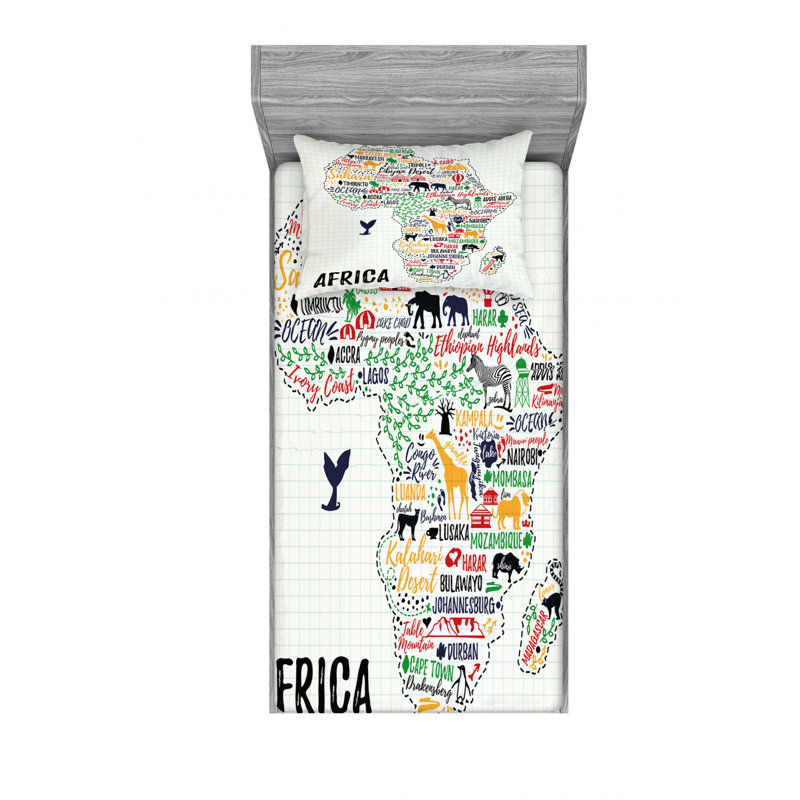 Ensemble de draps lettres de pays dans continent et animaux, Ensemble de draps pour lit simple TG avec drap-hou