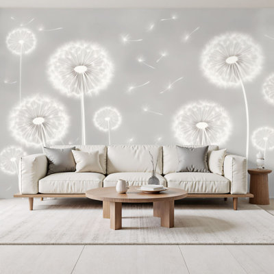 Vintage Peel and Stick Wallpaper Delicate Dandelion Flowers Soft White Grey Wall Murals 69"H x 96"W Removable PVC Wall Paper Self-Adhesive Wall Decor for Bedroom Living Room