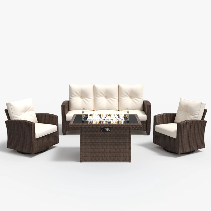 4 Pieces Patio Furniture Set With Swivel Chairs, Rattan Wicker Rocking Glide Chairs With 44" Propane Gas Fire Pit Table Conversation Set