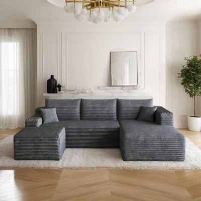94" Corduroy Upholstered Boneless Couches with Chaise & Ottoman, U Shape Modular Sectional Sofa with Deep Seat, Cloud Sectional Fluffy Couches for Living Room/Office, No Assembly Required