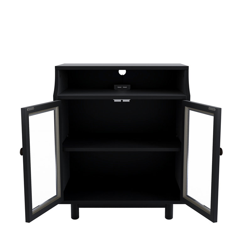 Table de chevet avec tablettes de rangement et armoires Porte vitrée, USB pour salon Chambre à coucher, Noir