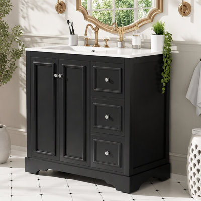 36'' Transitional Bathroom Vanity With Ceramic Sink – Features 2 Soft-Close Doors, An Adjustable U-Shaped Shelf, 3 Drawers (Including One With Divider), Painted Finish, And Ample Storage Space