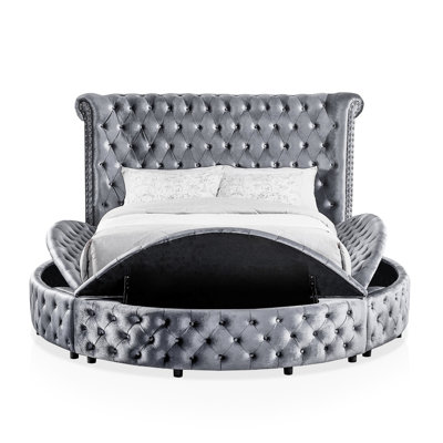 Round Queen Bed With Flannelette Fabric, Crystal Buttons, And Storage Compartments Size Velvet-like Upholstery, Wingback Design, Charging
