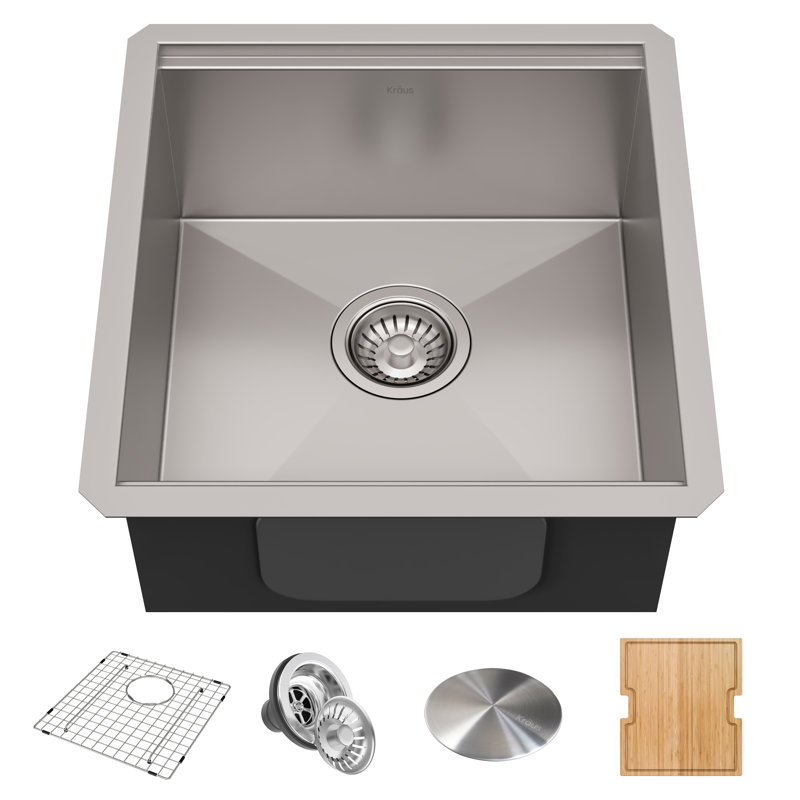 KRAUS Kore™ Workstation 17-inch L Undermount 16 Gauge Single Bowl Stainless Steel Bar Kitchen Sink, 10" H x 17" W x 17" D