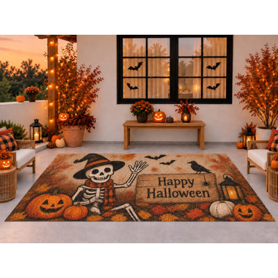 Tapis d'extérieur 152 x 213 cm, motif squelette, citrouilles et corbeau pour l'Halloween, tapis bouclé imperméable en PVC, séchage rapide et résistant, idéal pour porche, terrasse, balcon ou entrée.