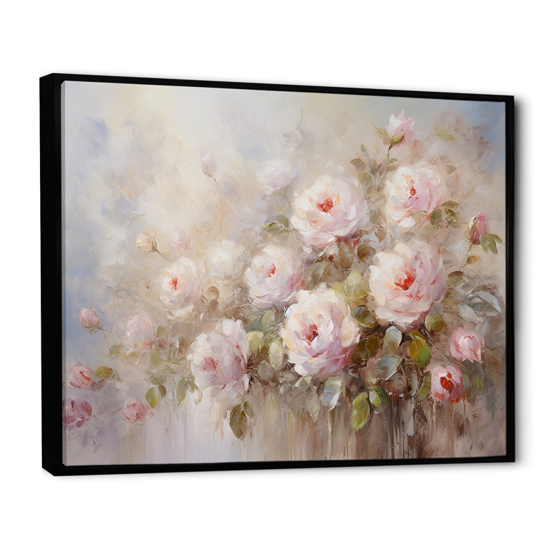«Pink Roses Farmhouse Charm - Roses, art sur toile, H 12 po x l 20 po, Reproduction avec cadre flottant, Black