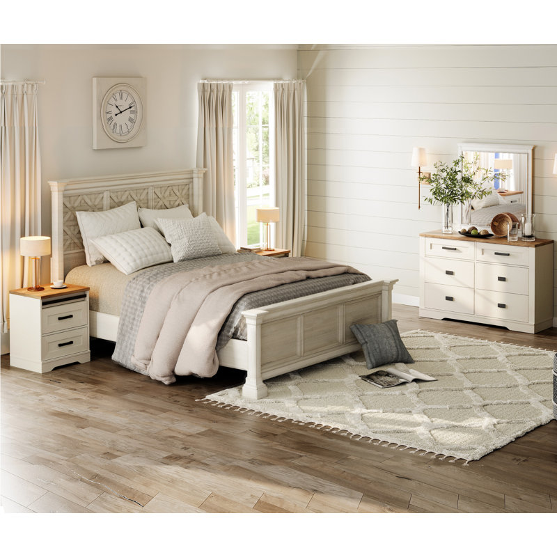 Ensemble de chambre à coucher de style campagnard 3 pièces, commode 48 pouces avec 6 tiroirs et 2 tables de chevet avec 1 station de charge Laziza