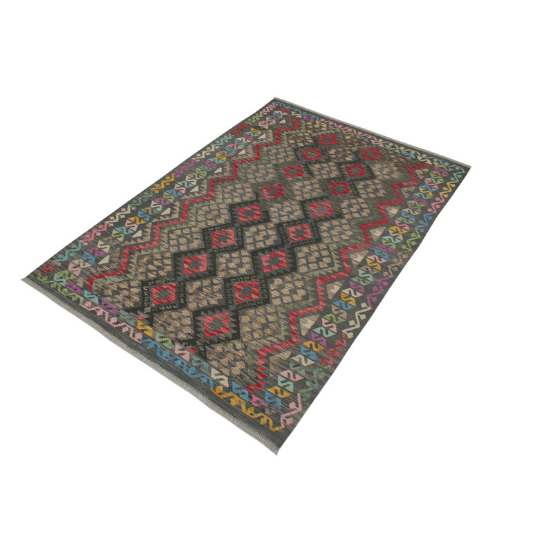 Tapis gris / rouge en laine tissé à la main à motif géométrique rectangulaire 5 pi 10 po x 8 pi Kemarui