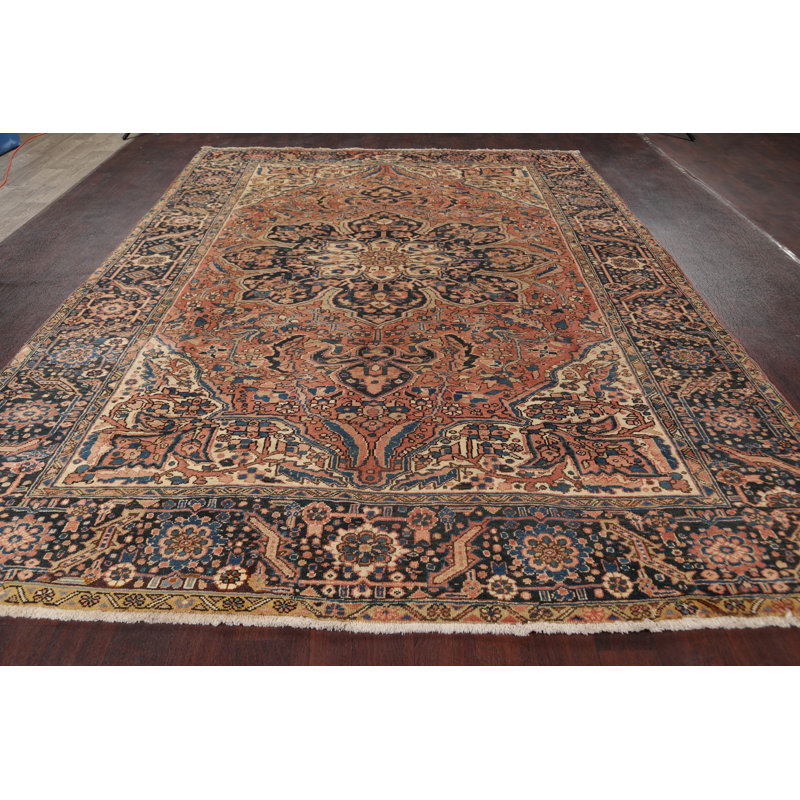 Tapis décoratif en laine noué à la main de conception unique 8 pi 5 po x 11 pi 7 po Heriz Ivoire/noir/brun