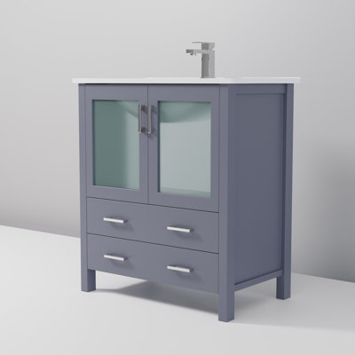 Dark Grey Bath Vanity 30 In. W X 18.25 In. D, White Ceramic Top, And Faucet Set