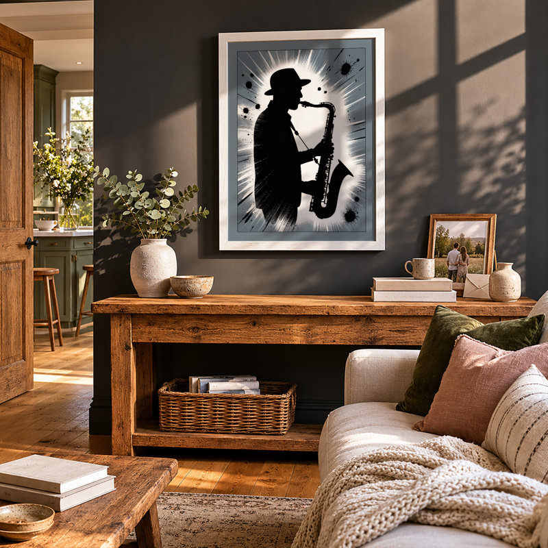 Saxophone Silhouette Urban Art - Framed Print, A4 - 29.7 x 21.0 cm, White