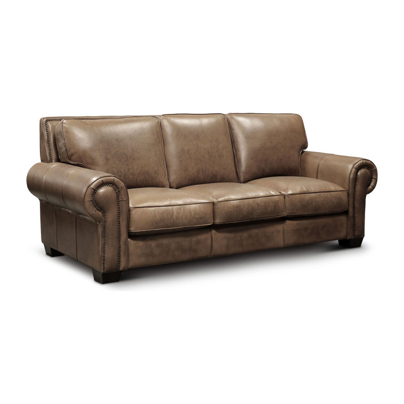 Valencia 92'' Brown Leather Sofa with Rolled Arms and Nailhead Trim