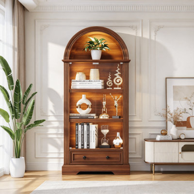 Vitrine cintrée avec portes vitrées et tiroir, meuble-vitrine avec éclairage DEL et détecteur de présence.