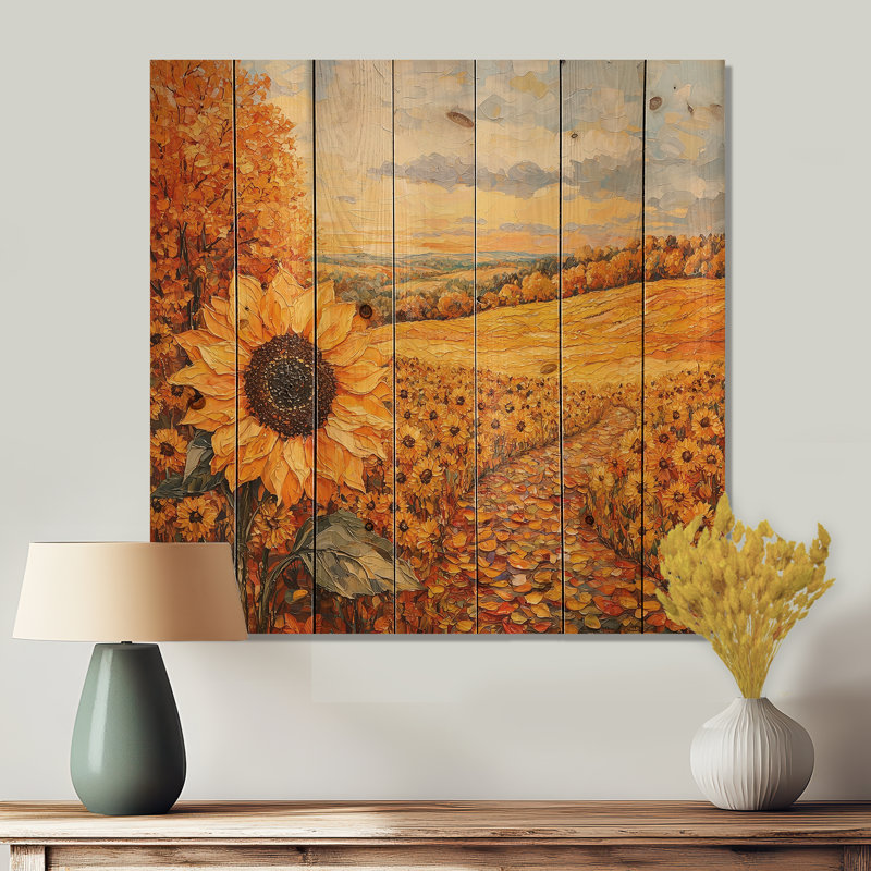 Country Side Sunflowers In Fall I - Sunflowers Wood Wall Decor - On Natural Pine Wood, 30" H x 30" W x 0.78" D