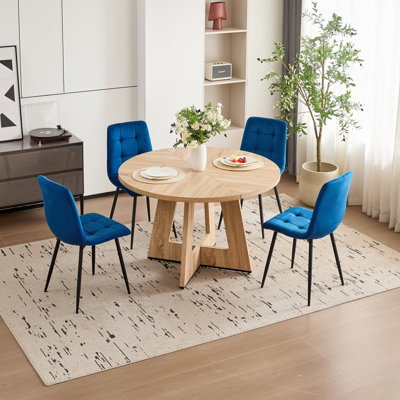 5 Piece 47'' Round Dining Table Set for 4, Farmhouse Kitchen Table with 4 Velvet/Corduroy Modern Dinning Room Chairs for Home, Apartment
