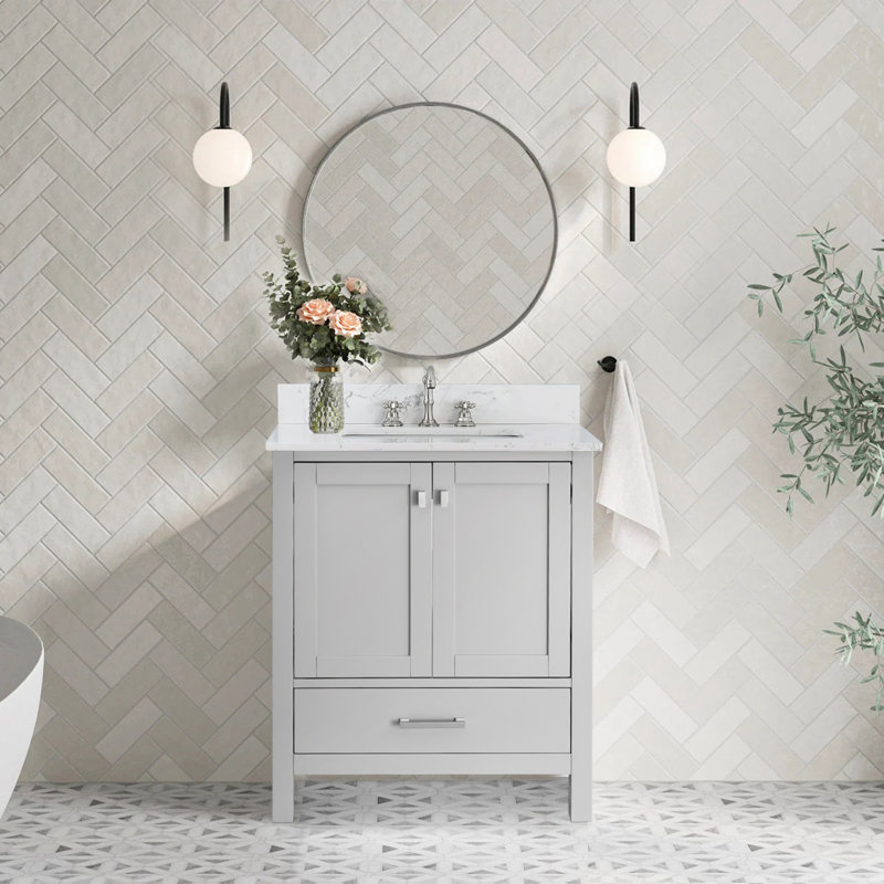 Meuble-lavabo moderne avec lavabo et rangement, Gris / Nickel brossé, 30'