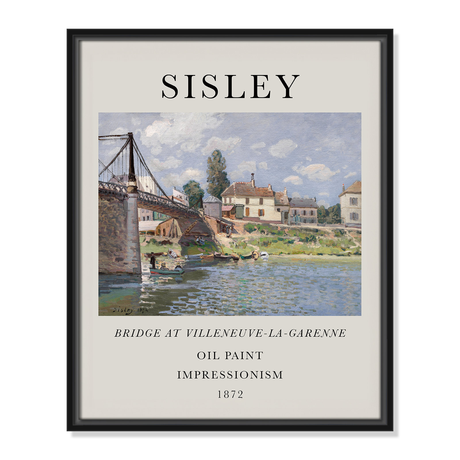 Old Masters Collection " The Bridge At Villeneuve " by Alfred Sisley, No, 21.5" H x 17.5" W x 2" D, Black Floater Frame