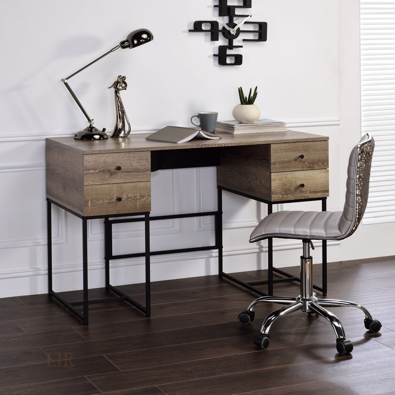 Desirre Rustic Oak & Black Finish Writing Desk With USB Port, Combining Modern Functionality And Rustic Charm For Efficient Workspaces.
