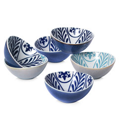 Bake and Serve 6-Pack Geometric Matte 13 oz Oven Safe Ceramic Cereal Dessert Bowls, Blue 5.3 inch