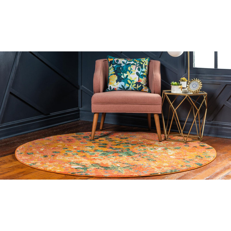 Tapis orange à motif abstrait Haneefa, Rond 8 pi
