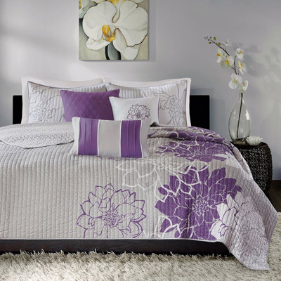 6 Piece Printed Cotton Quilt Set With Throw Pillows Taupe Grey/Purple Full/Queen