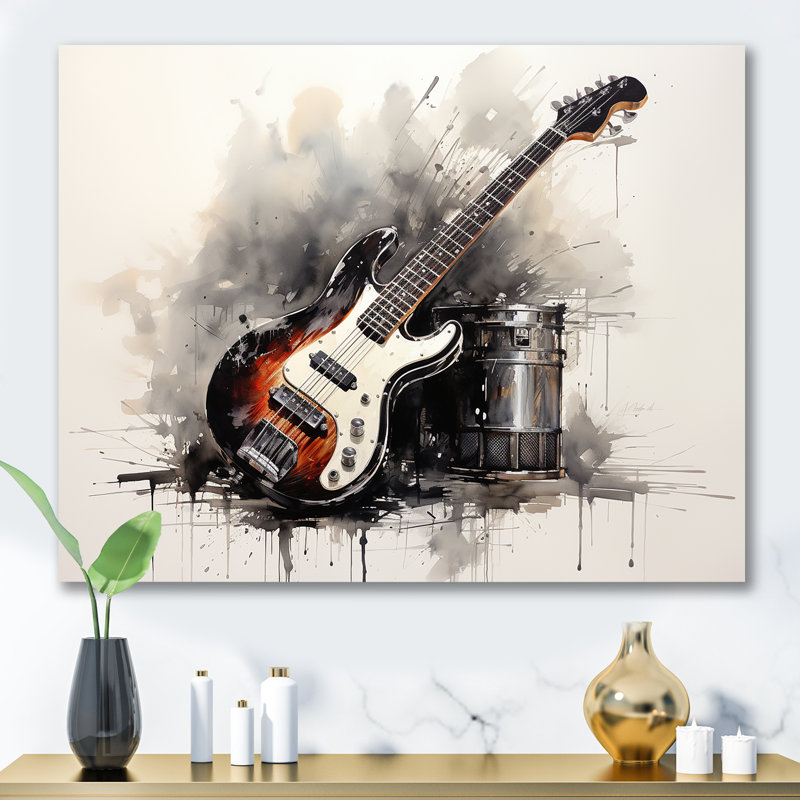 «Brown Charcoal Guitare Vibations III», art mural musique, Toile tendue, H 24 po x l 32 po x P 1 po