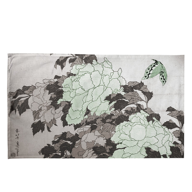 Serviette de thé pivoines et papillon, Gris / Blanc, Polyester sergé