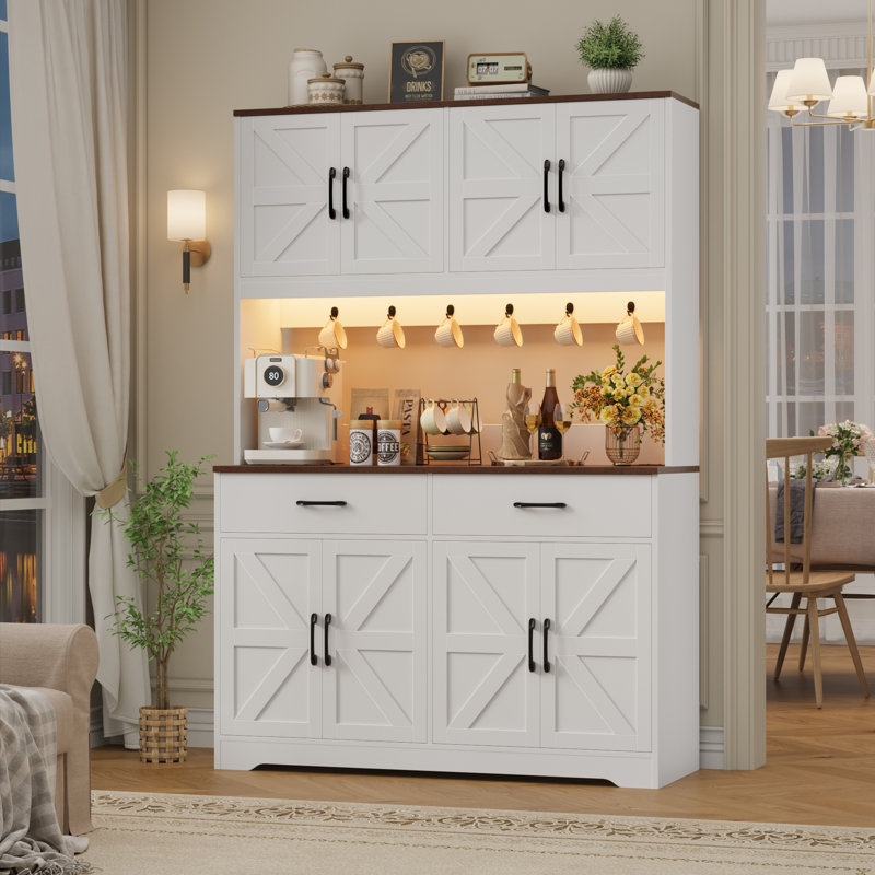 Garde-manger 71 po avec station de charge, lumière DEL, tablette à micro-ondes et crochets attachés, Blanc