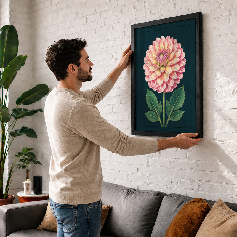 Dahlia Study Botanical - Framed Print, A3 - 42.0 x 29.7 cm, Oak