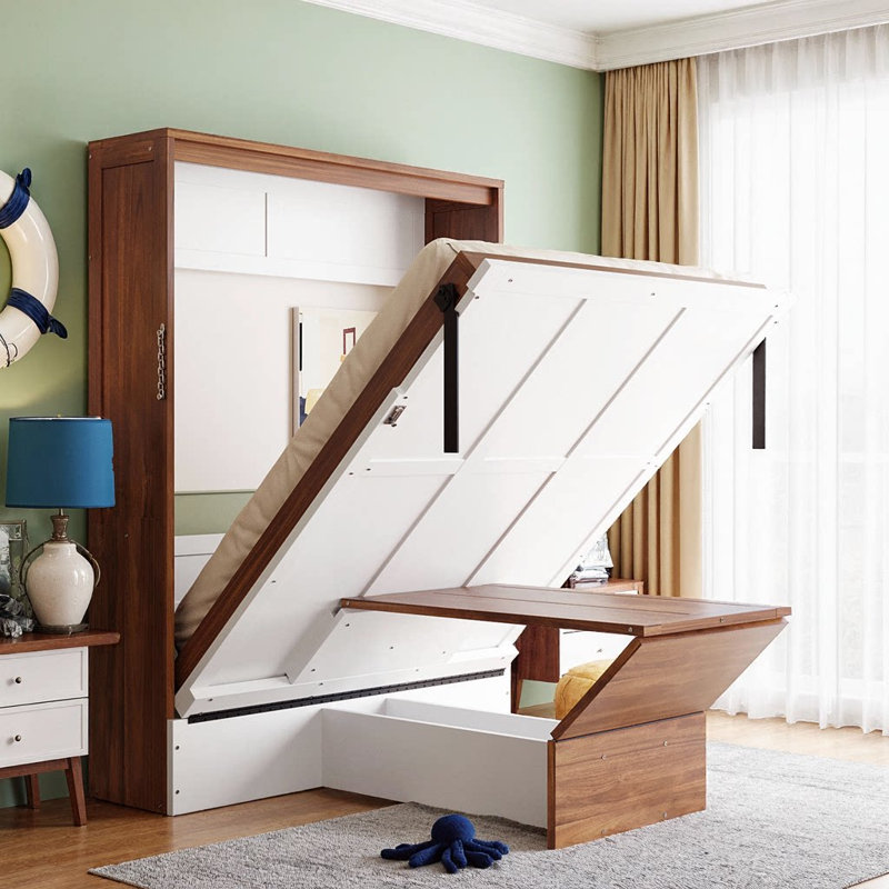 Lit escamotable double moderne avec bureau pliable moderne - Solution compacte en noyer et blanc, Noyer et blanc
