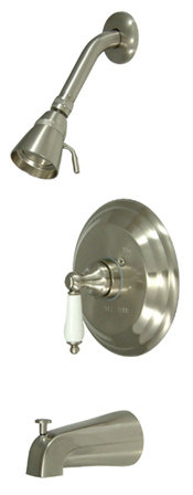 Vintage Tub and Shower Faucet Trim With Porcelain lever handles, Satin Nickel