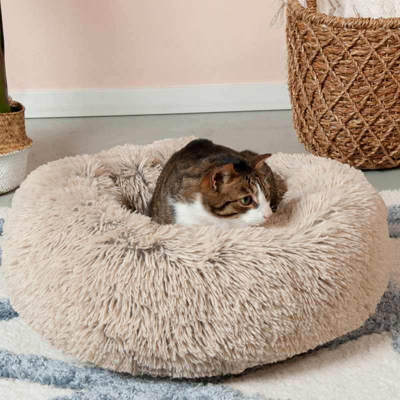 Small Taupe Faux Fur Orthopedic Donut Pet Bed