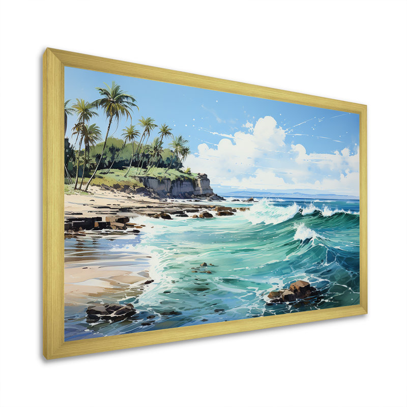 Turquoise Palm Tree Tropical Breeze Canvas Print with Gold Frame