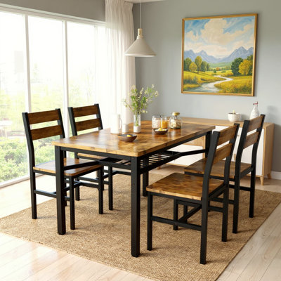 Modern Farmhouse Style 5-Piece Dining Room Table And Chairs Set, Rectangle Small Kitchen Table Set With 4 Chairs And Storage Rack, Particle Board Top
