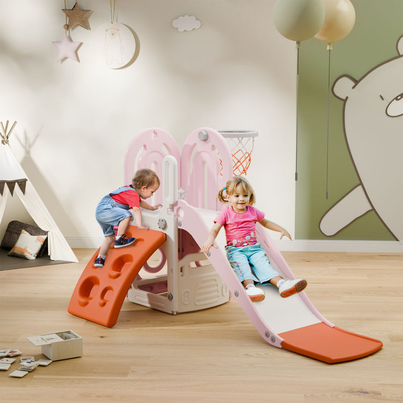 Pink and Orange 4-in-1 Toddler Slide with Basketball Hoop