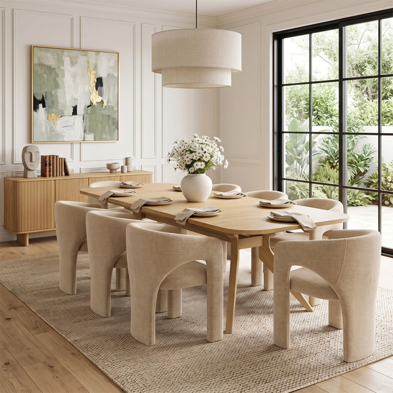 Ensemble de table de salle à manger extensible en placage de bois de 78" à 96" avec 8 fauteuils sculpturaux en chenille
