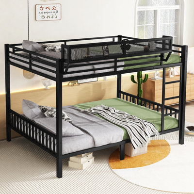 Lit superposé Queen en métal noir, pour adultes et adolescents, avec tablette de rangement, barrière de sécurité et sommier à lattes.
