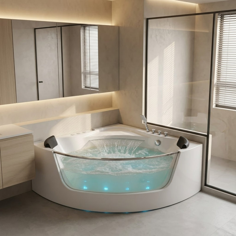 Baignoire à balnéo d'angle 59 pour 2 personnes, baignoire spa de luxe avec jets de massage et éclairage à bulles DEL