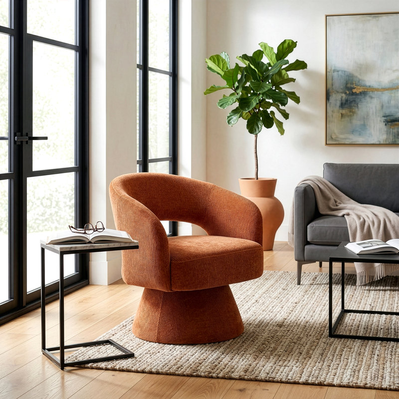 Wakia Corduroy Fabric Accent Chair with Swivel Base, Orange Corduroy