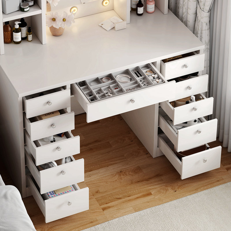 Bureau de meuble-lavabo avec miroir lumineux à DEL, meuble-lavabo avec 11 tiroirs, 3 modes d'éclairage couleur réglables en luminosité, câblage caché, coiffeuse pour chambre à coucher, blanc