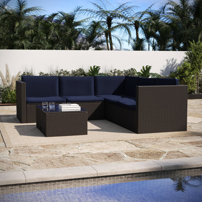 Shareva Indoor/Outdoor L-Shaped Sectional with Coffee Table in Wicker PE Rattan with Cushions
