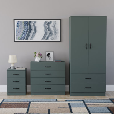 Maybery 3 Piece Bedroom Set (3 Drawer Bedside Chest, 4 Drawer Chest, 2 Door 2 Drawer Wardrobe), (4)