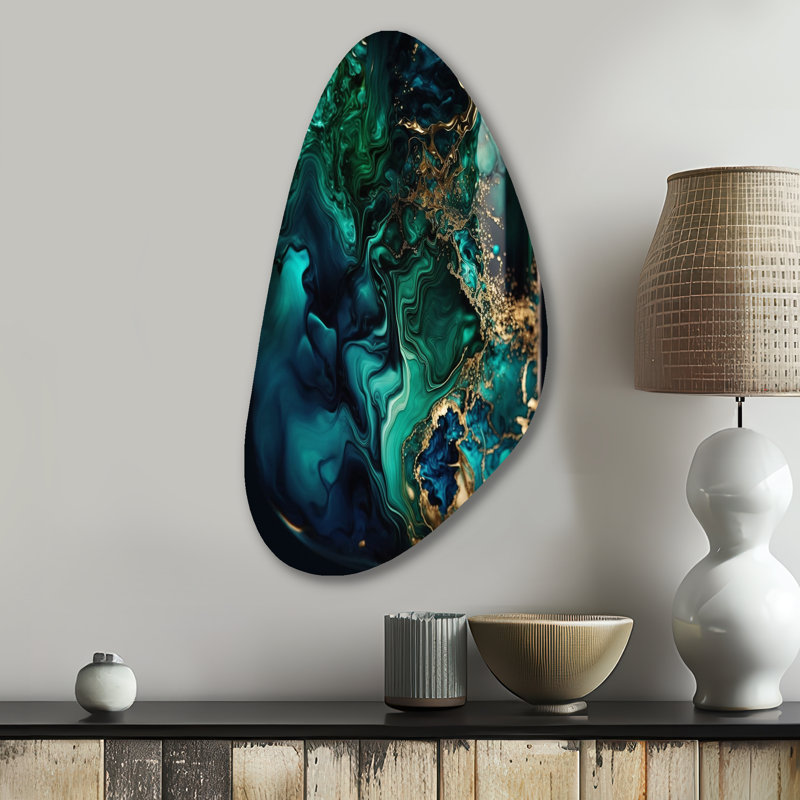 Géode abstraite marbre vert et bleu II - impression asymétrique en marbre sur métal, décoration murale moderne de forme unique en métal